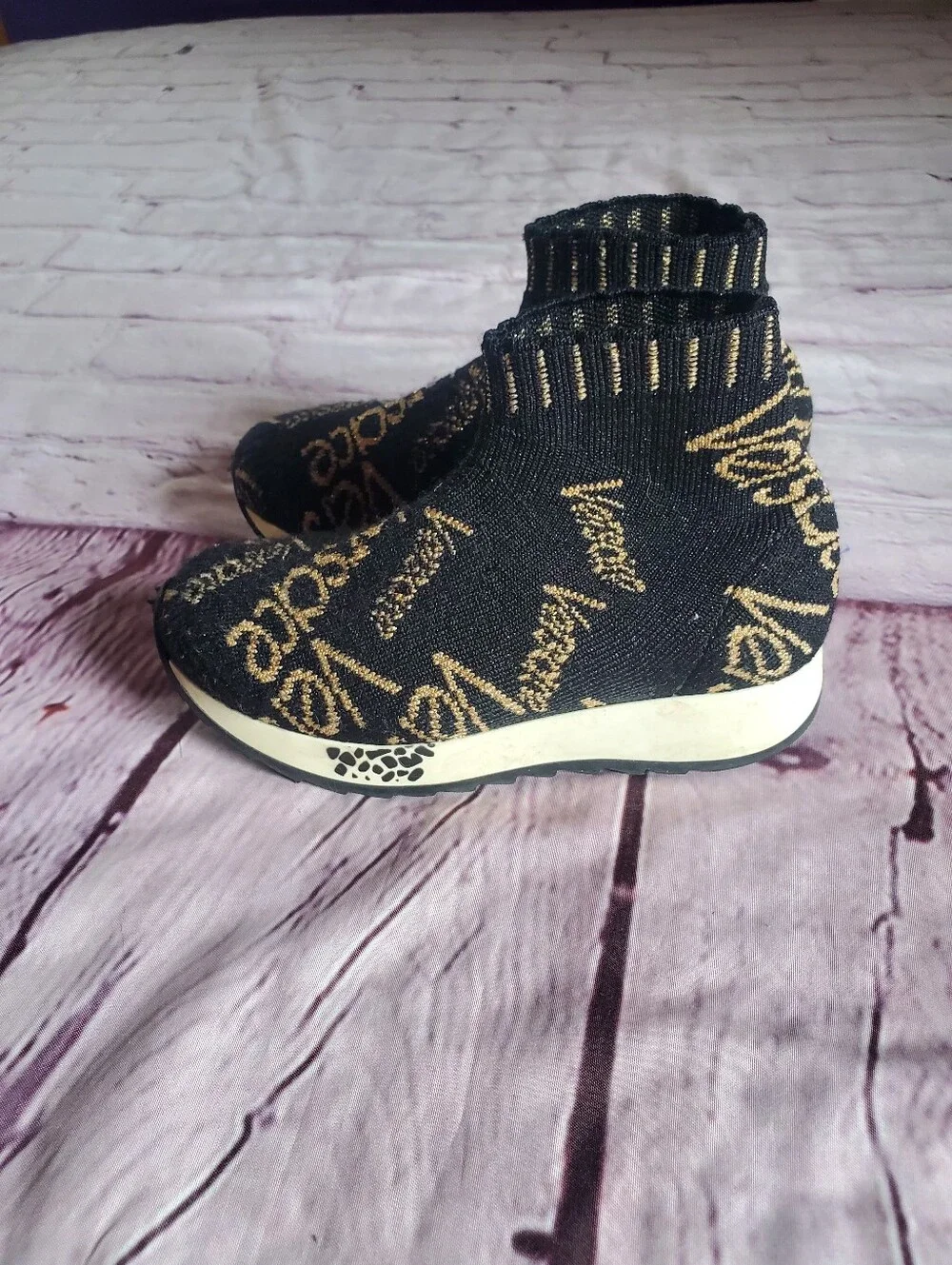 Versace Toddler Sneakers Shoes Sz 26 Sock-fit Knit Slip-on Ankle Black & Golden